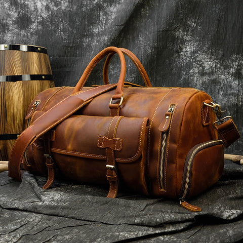 Vintage Leather Weekend Travel Bag With Shoe Pocket